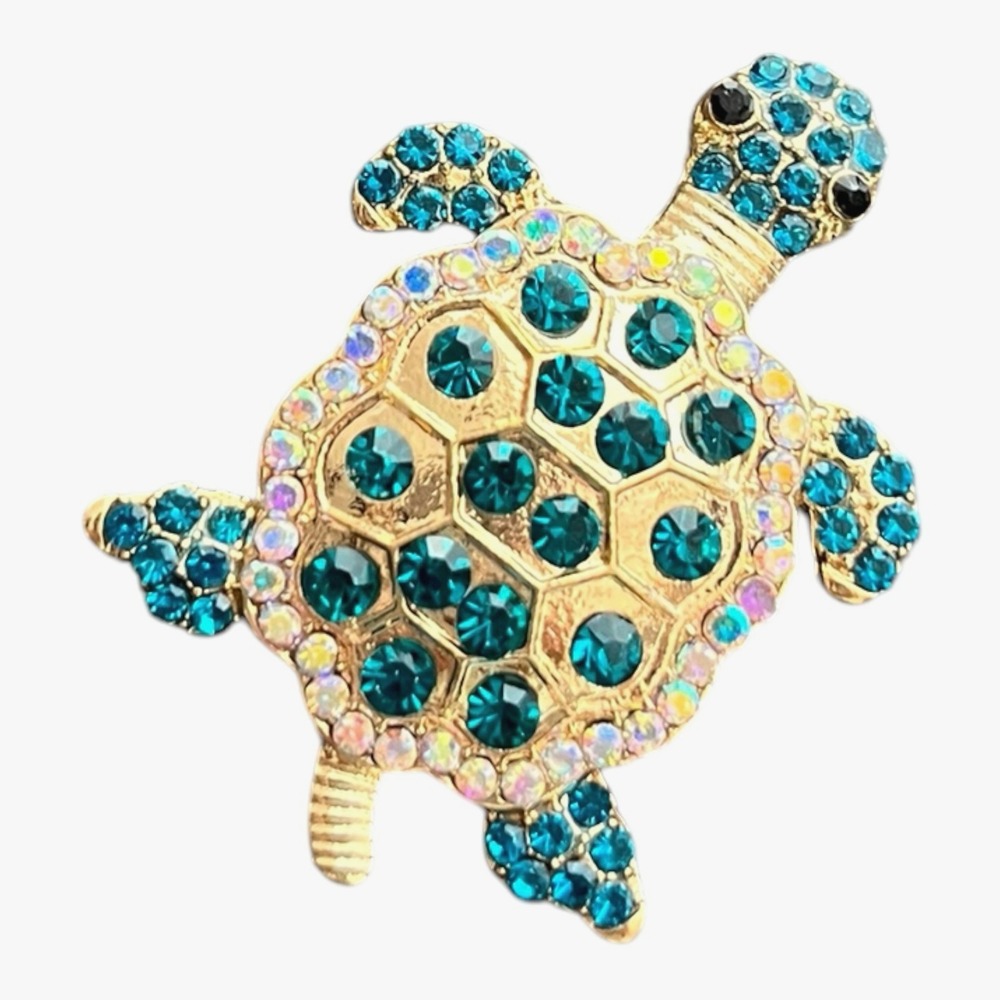 Teal Rhinestone Sea Turtle Gold Tone Metal Brooch Charm